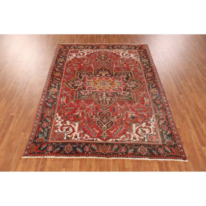 Hand Knotted Oriental 100% Wool Carpet Traditional Floral Red Heriz Area Rug - 9' 7'' X 7' 2''