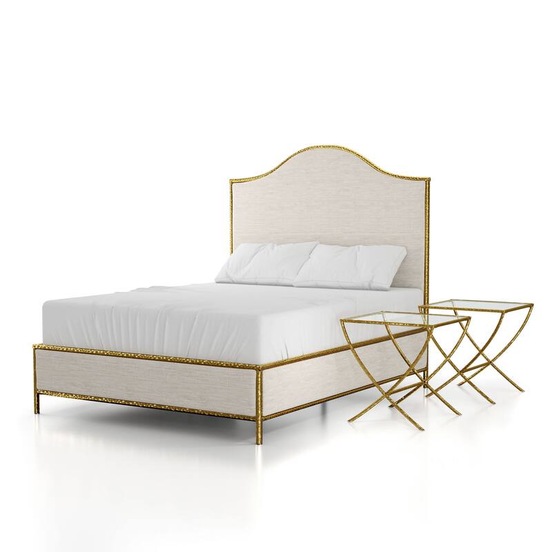 Furniture of America Zayen Modern 3-Piece Upholstered Queen Size Hammered Metal Camelback Bedroom Set with 2 Nightstands