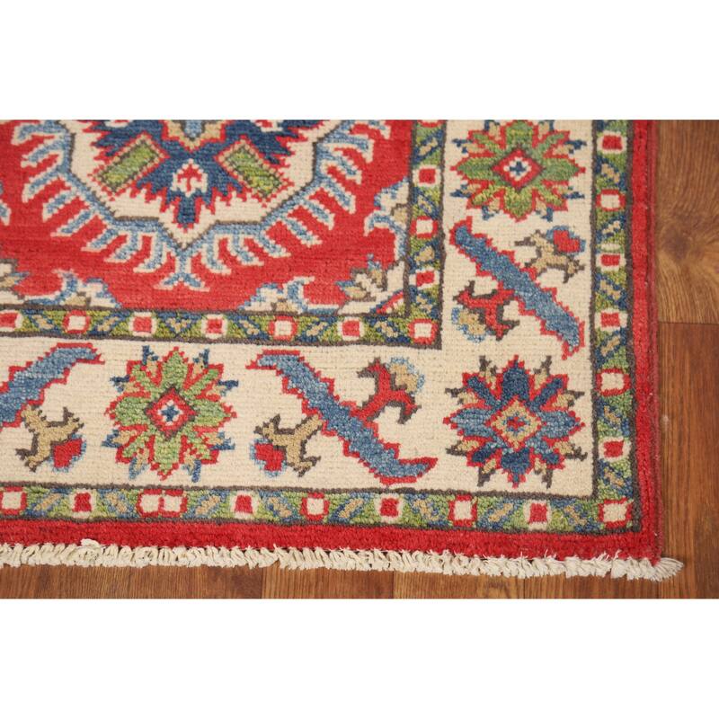 Red Geometric Kazak Oriental Accent Foyer Rug Hand-Knotted Wool Carpet - 2'0"x 3'0"