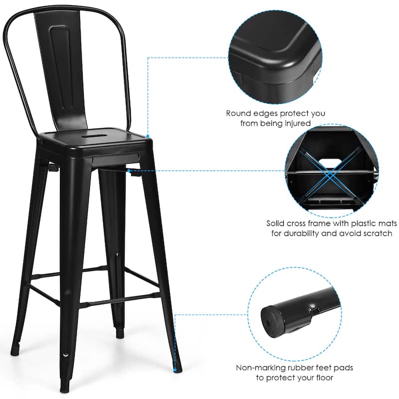 Set of 4 Armless Metal Stools Bar Leisure Chairs with High Back