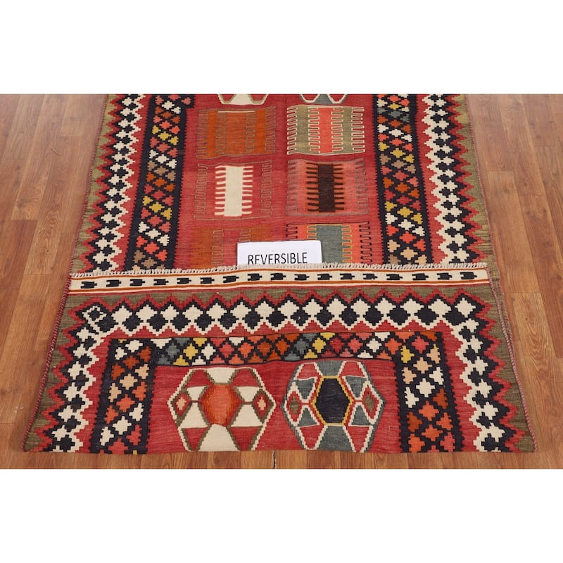 Kilim Qashqai Persian Vintage Rug Hand-Woven Red Tribal Wool Carpet - 5'5"x 9'9"