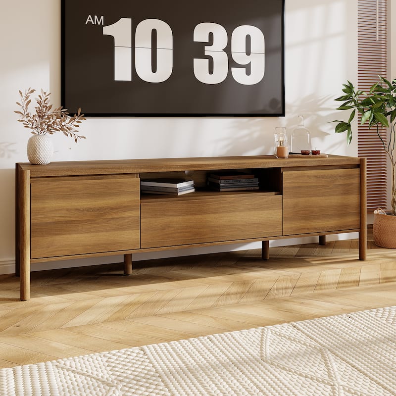 4 Storage spaces TV Shelf,Wall Mounted Cabinet Unit,Bookshelf for TV Placement,Retro Walnut
