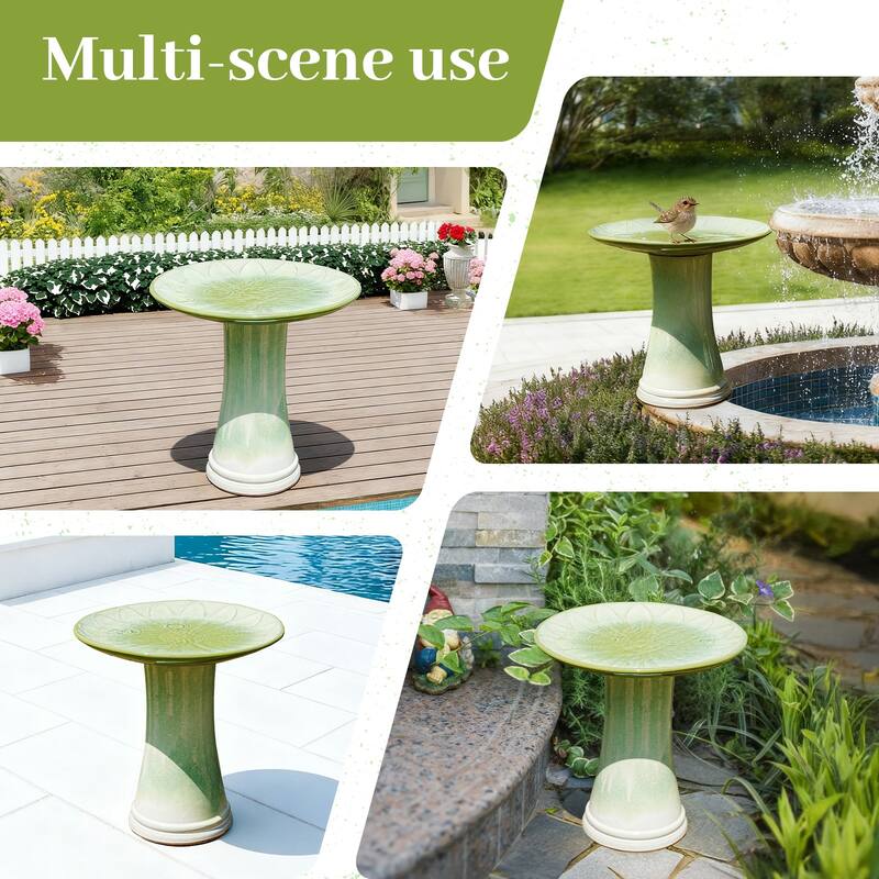 Handmade Green Gradient Glaze Ceramic Bird Bath, 16.93 inch Diameter 18.11 inch Height, Lightweight & Weather-Resistant