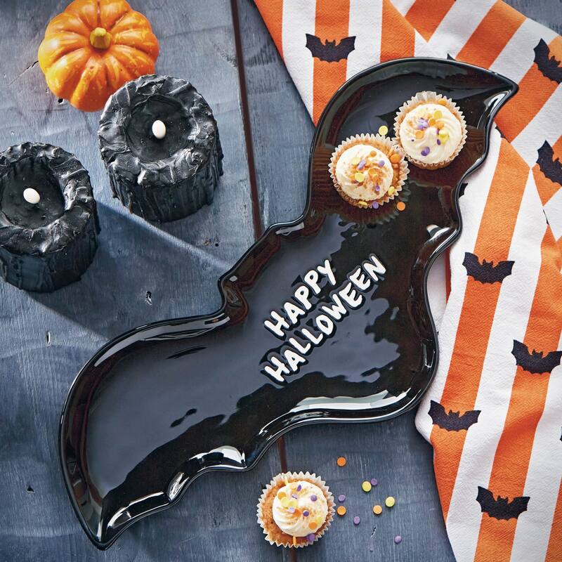 Happy Halloween Black Bat Ceramic Serving Platter 16x7.2 Hand Wash Only Perfect for Spooky Celebrations