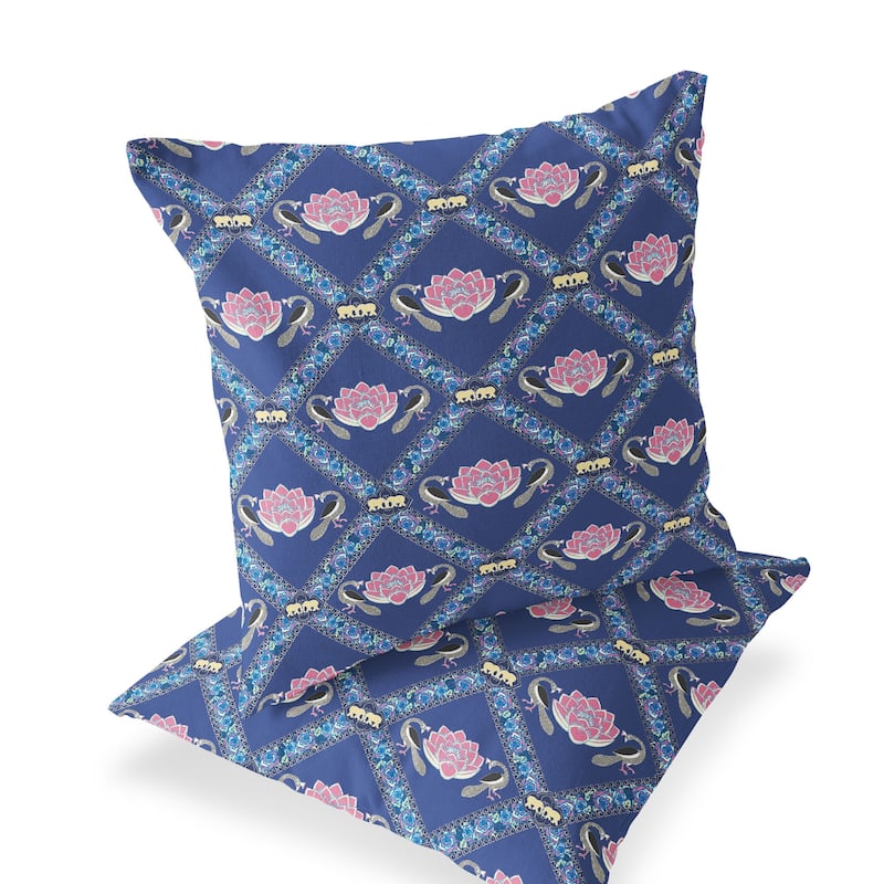 HomeRoots Set of Two 16" X 16" Blue and Purple Peacock Blown Seam Floral Indoor Outdoor Throw Pillow - 16.00' X '16.00' X '5.00