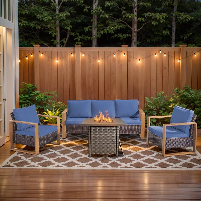 Pocassy 4/6/8PCS Sofa Swivel Chair with Fire Pit Table Set - Brown Wicker Blue Cushion - 4-Piece Sofa Patio Chair with Fire Table