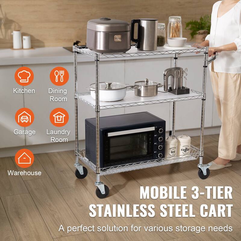 Silver Chrome 3-Tier Utility Cart Rolling Cart with Wheels and Adjustable Shelves - 35" L x 18" W x 40.9" H