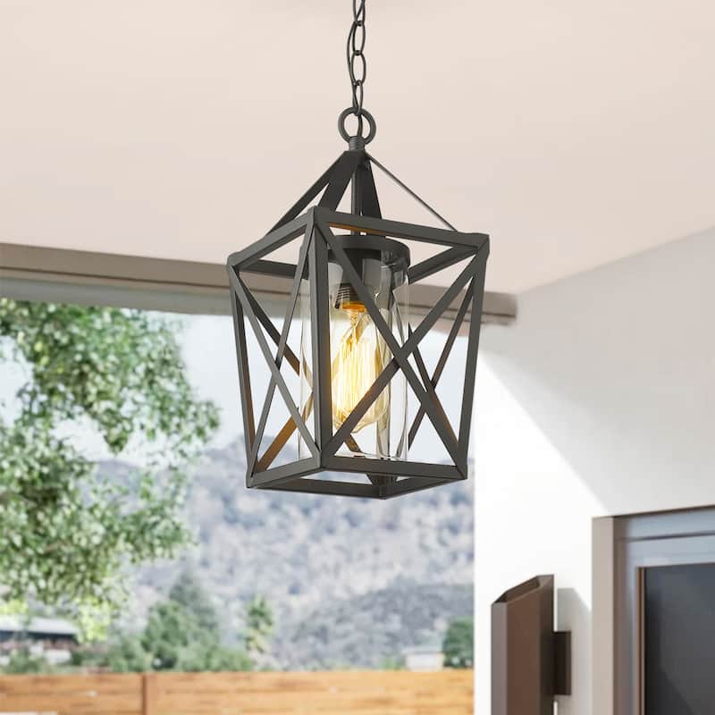 1-Light Outdoor Pendant Lights, Exterior Hanging Lantern in Black Finish with Clear Glass