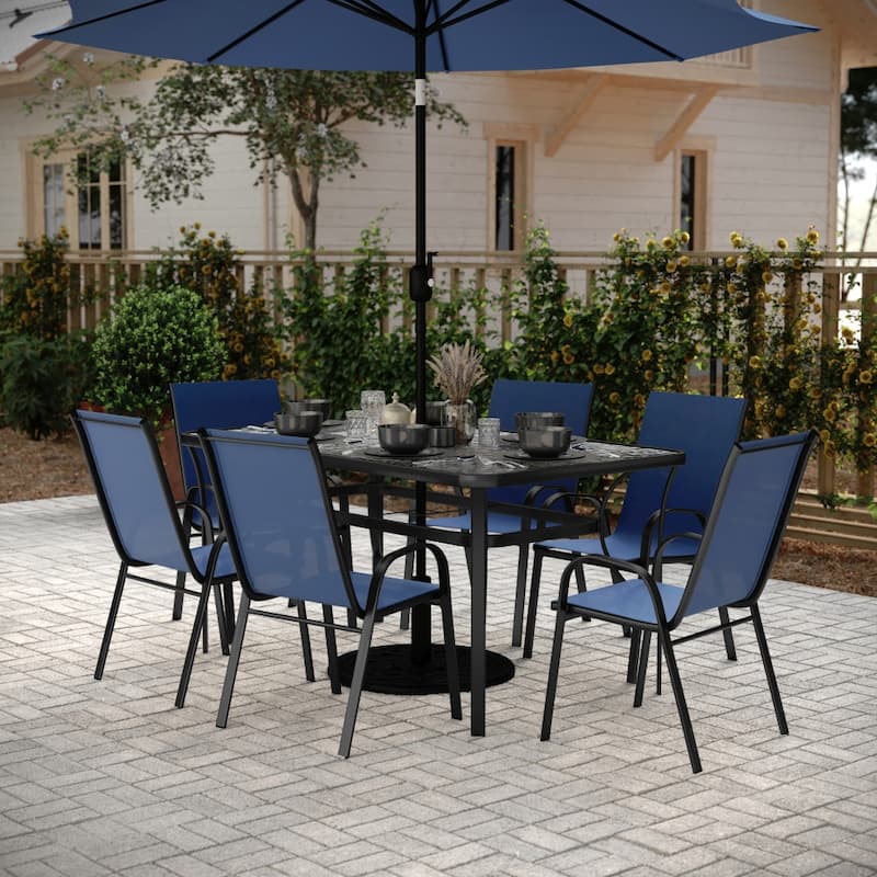 Commercial 7 Pc Outdoor Patio Dining Set with Glass Table and 6 Chairs - Navy