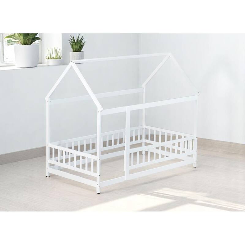 Twin / Full Size Wooden House Bed with Fence and Roof bed Frame, Montessori Style Floor Bed for Kids