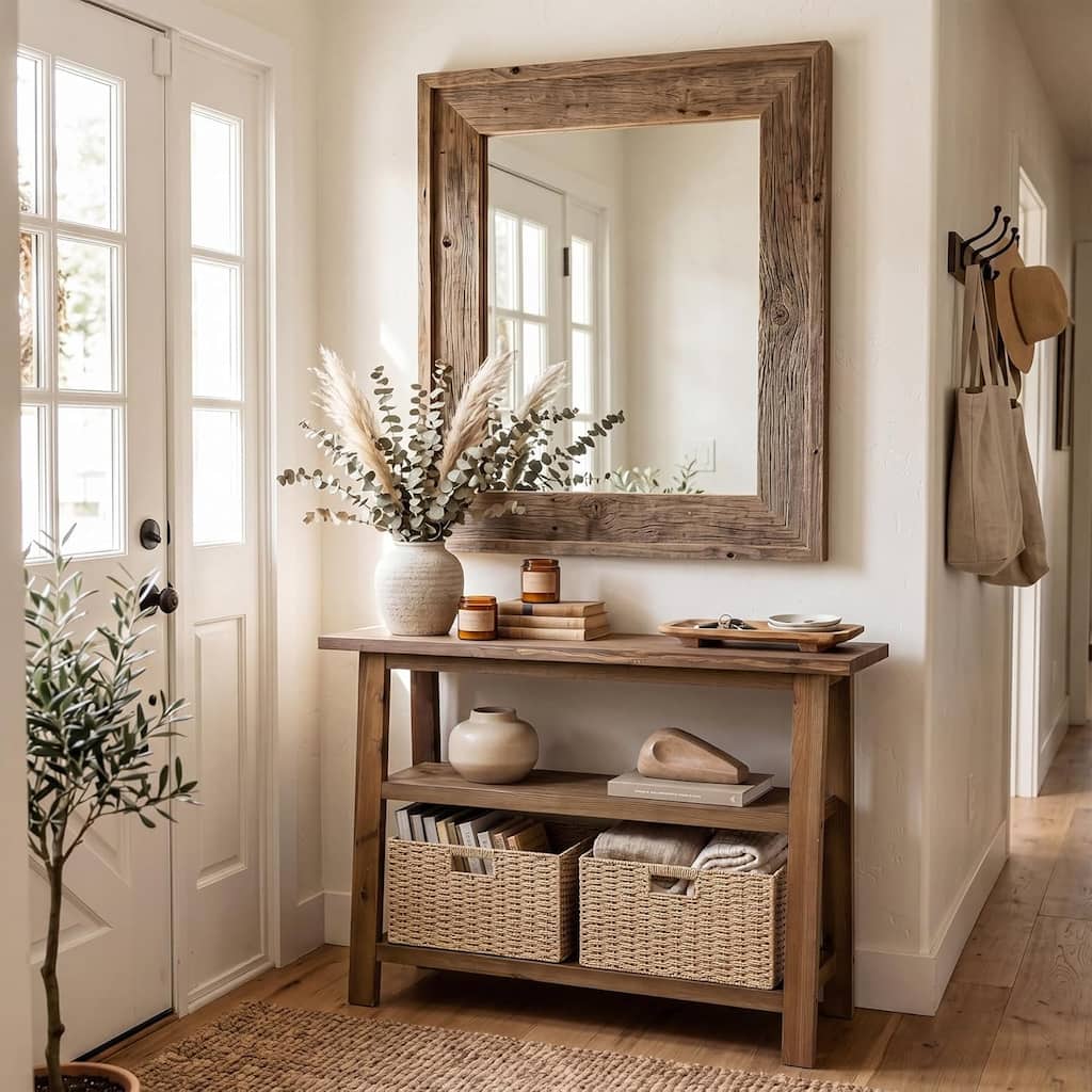 3-Tier Rustic Wood Entryway Table with 2 Woven Baskets