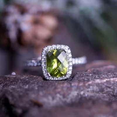 Auriya 1 7/8ct Cushion-cut Peridot and Halo Diamond Engagement Ring 3/8ctw 14k Gold