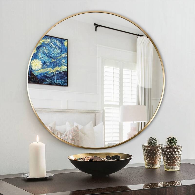 Metal Framed Round Bathrrom Mirror - 24 Inch Gold Round