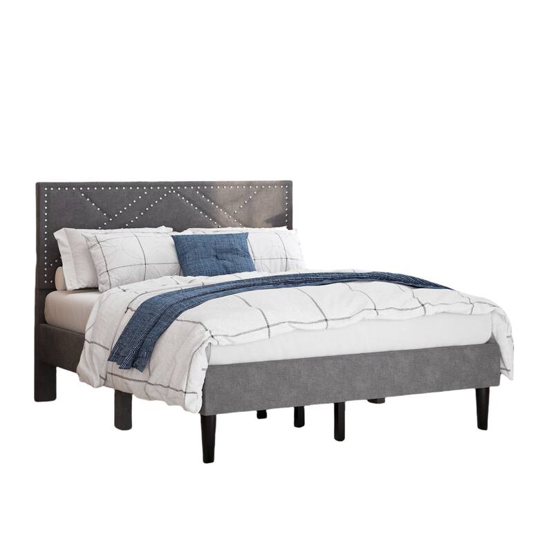 Queen/Full Size Platform Bed Frame with Linen Headboard, No Box Spring