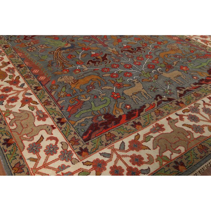 Hunting Animals Design Ziegler Indian Rug Handmade Gray Wool Carpet - 8'11"x 11'8"