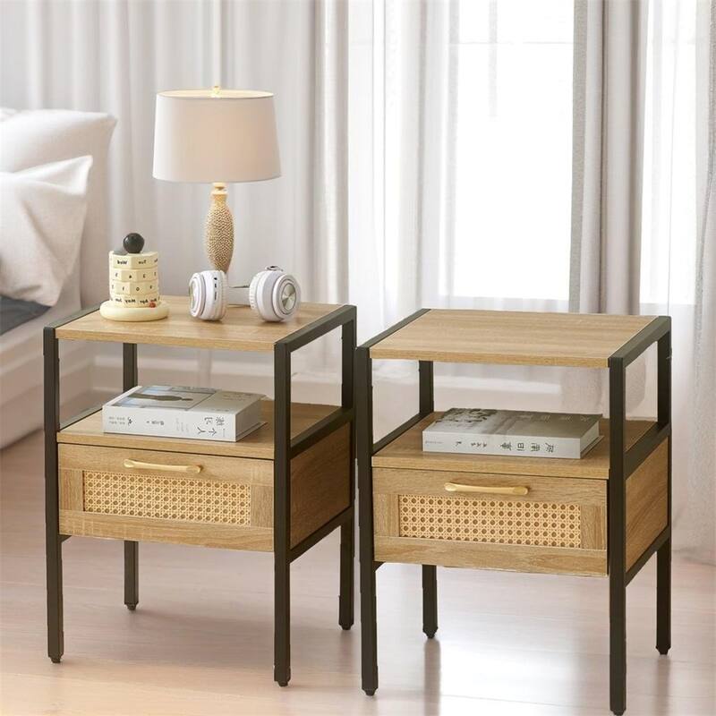 Modern Nightstand with Drawer and Metal Legs(Set of 2)