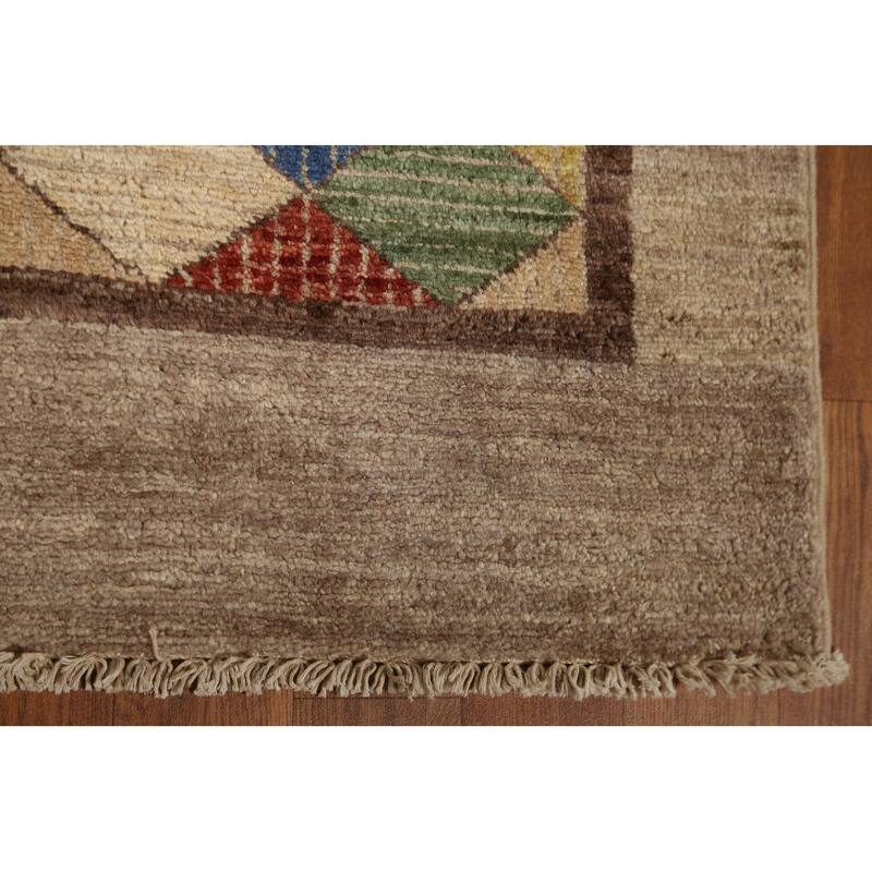 Hand Knotted Oriental 100% Wool Carpet Tribal Geometric Brown Gabbeh (kashkoli) Runner Rug - 10' 9'' X 2' 8''