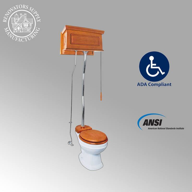 High Tank Toilet - Light Mahogany Raised Tank, Chrome Z Pipes and Elongated White Bowl Renovators Supply