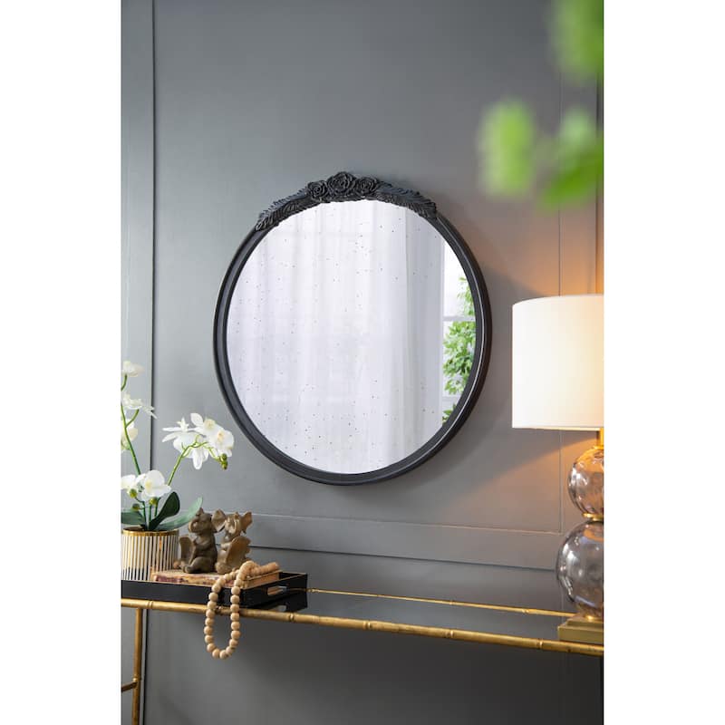 30"x30" Round Hand Carved Rose Antique Mirror Frame, Wall Mirror for Live space, Bathroom, Entryway Wall Decor - Black