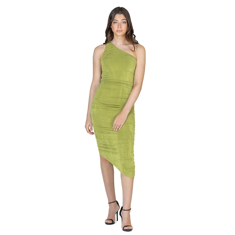 24seven Comfort Apparel Womens One Shoulder Ruched Bodycon Dress - Green - 1X