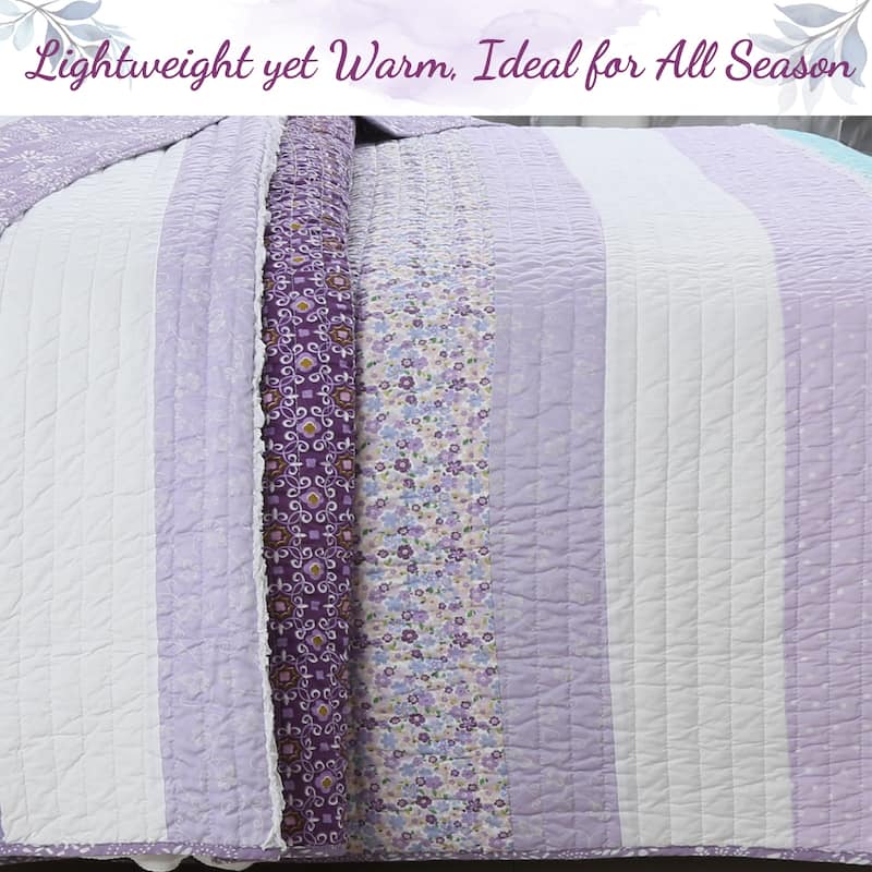 Cozy Line Purple Cosmos Spring Floral Stripe Garden Lavender Teal & White Ruffle Cotton Reversible Quilt Bedding Set
