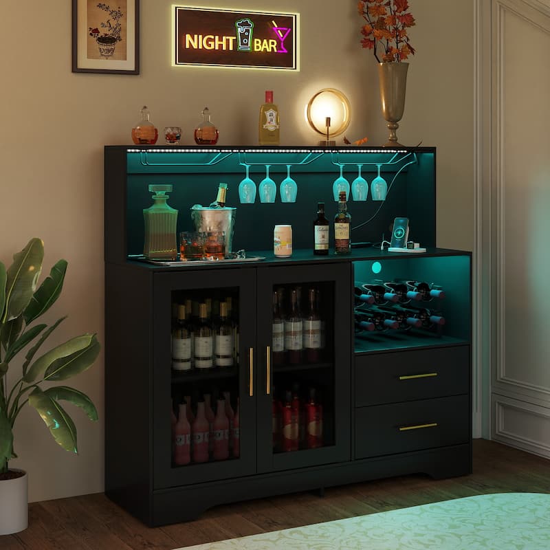 EROMMY Farmhouse Coffee Bar Cabinet with LED Lights, Sliding Barn Door, Wine Racks and Glass Holder, Home Liquor Cabinet