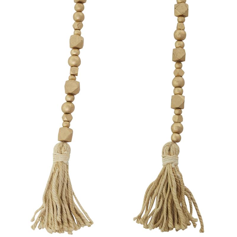 Mango Wood Handmade Hexagon Carved Geometric Long Beaded Garland with Tassel - Roche River Decor