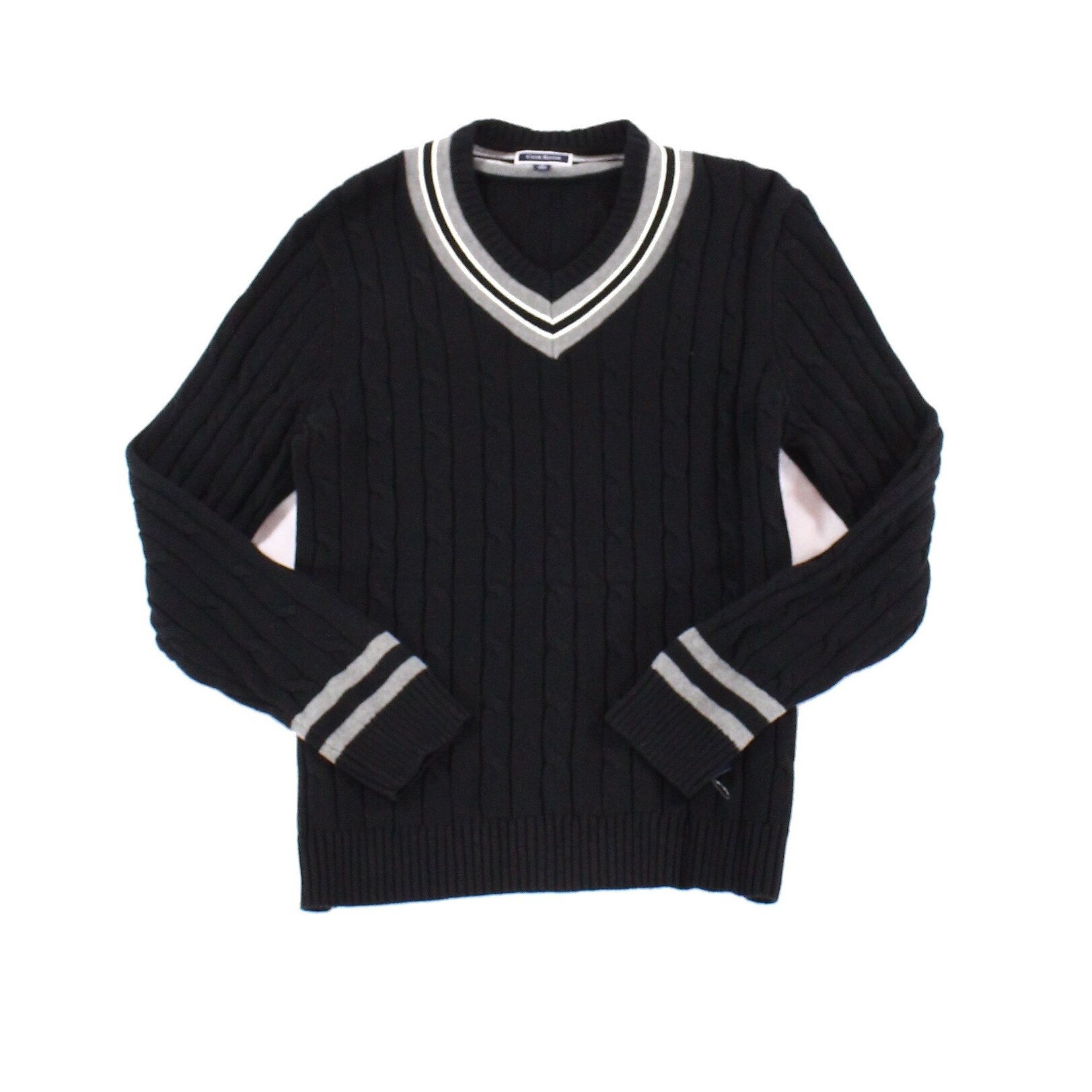 black v neck cable knit sweater
