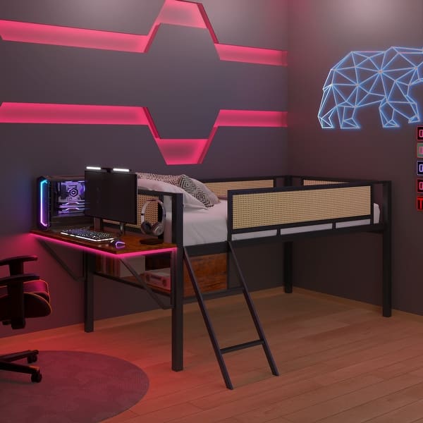 slide 2 of 18, Twin Size Multifunctional Storage Design Single Metal Loft Bed with Rectangular Desk and Lamp Black+Brown