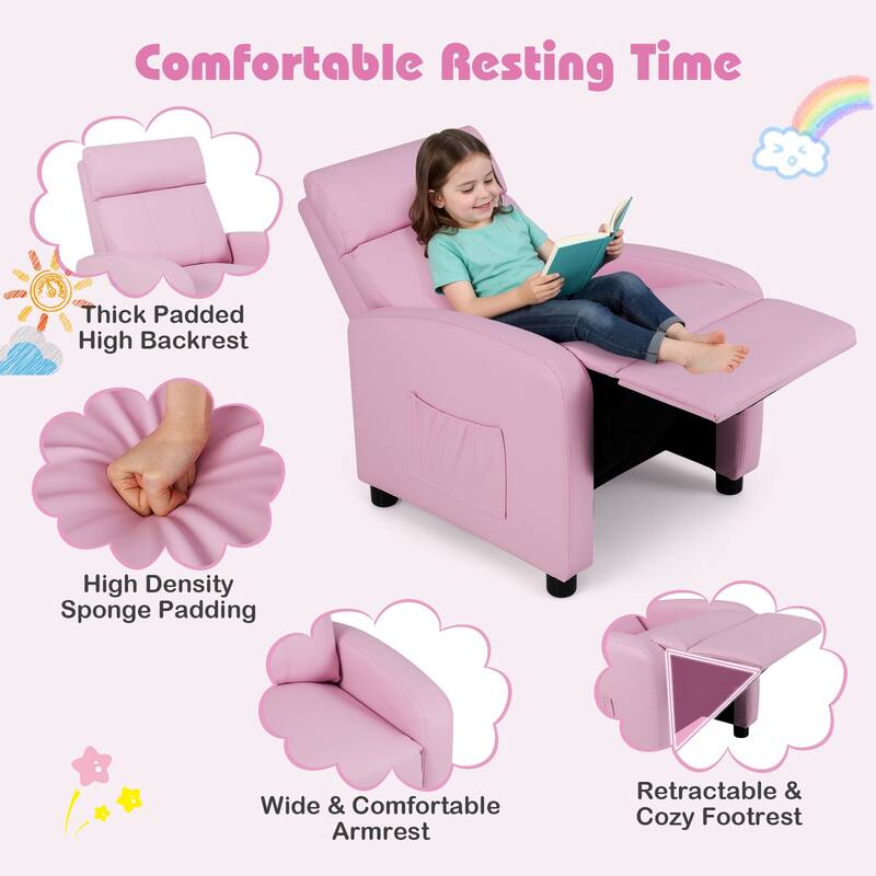 Pink Adjustable Reclining PU Leather Cushion Seat Chair for Kids with Footrest and Storage Pocket