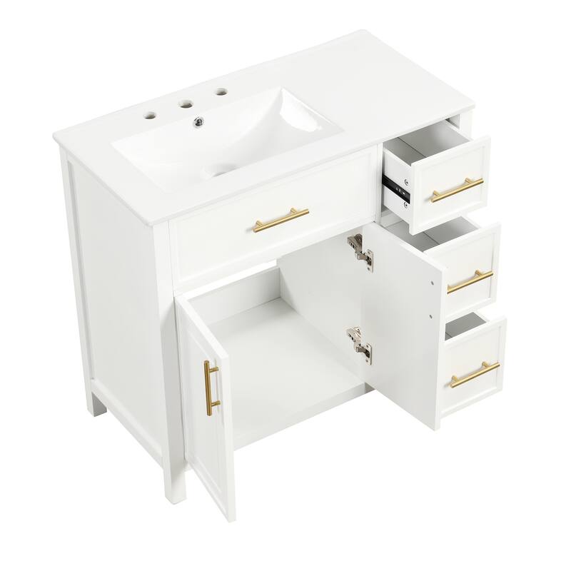 Roomfitters 36" Bathroom Vanity with Sink, Left-Side Basin, Solid Wood Frame, 2 Doors & 3 Drawers