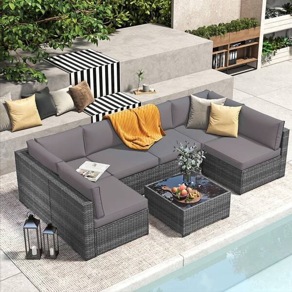 Wicker/ Steel 7-piece Outdoor Cushioned Sectional Sofa Set - Deep Grey