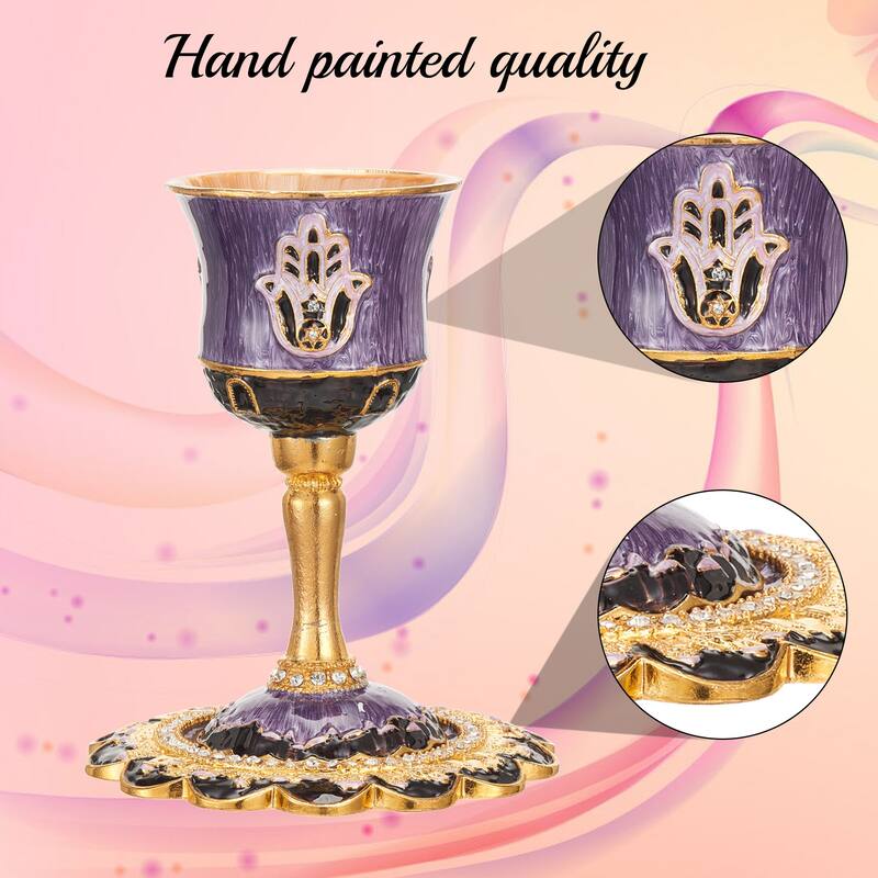 Tall 5" Kiddush CupSet w/Stem-Tray Embellished w/Crys.& HamsaDesign