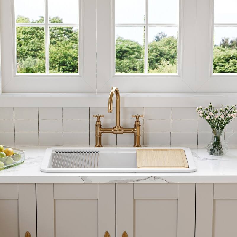 HOROW 33 in. White Ceramic Drop-In Kitchen Sink with Standard & Bottom Grid, Drain, Cutting Board - White