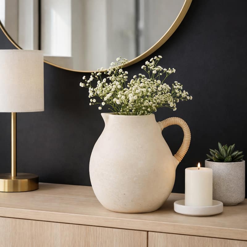 Pottery Vase with Woven Rattan Handle - Tall Flower Vase