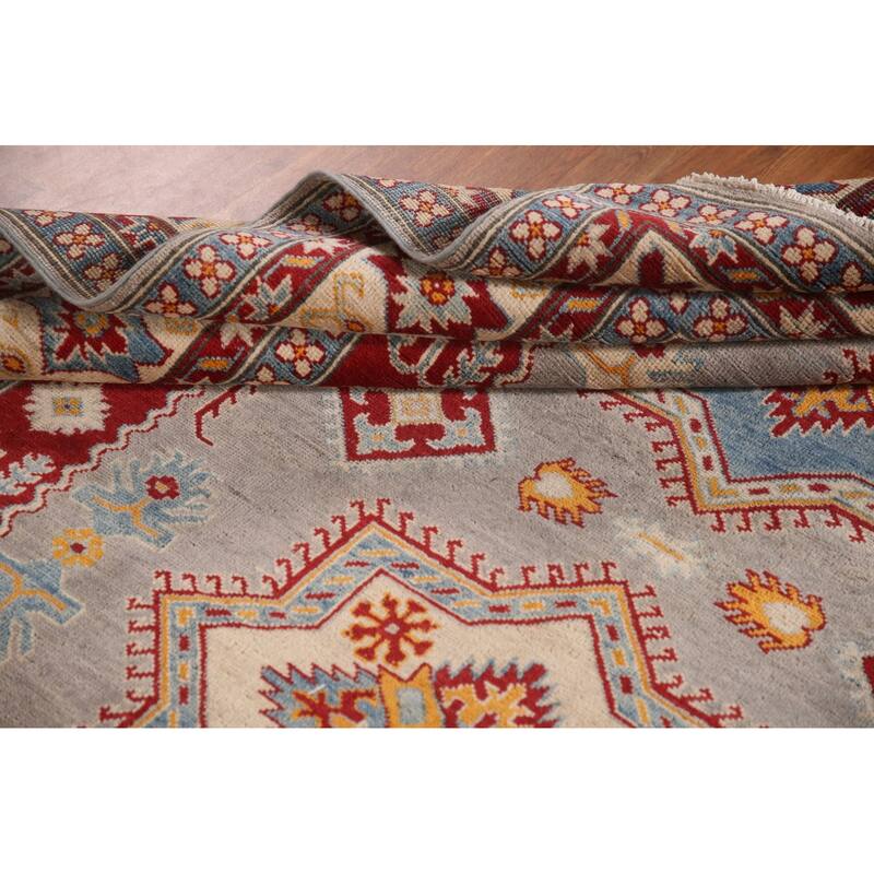Kazak Area Rug Hand-Knotted Geometric Grey Wool Carpet - 6'9" x 9'8"