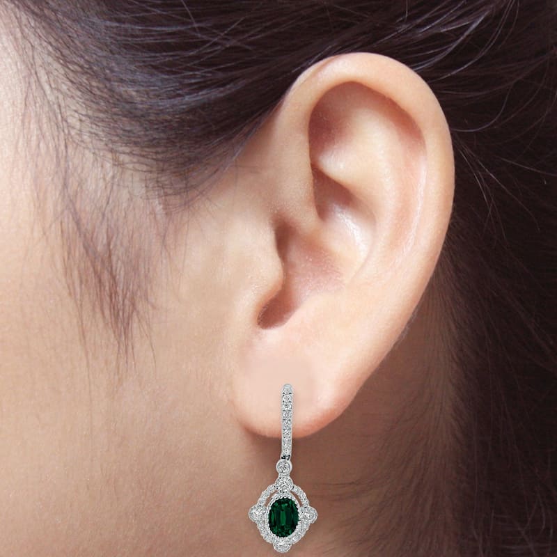 Auriya 1 3/8ct Fancy Oval-cut Emerald Halo Diamond Dangle Earrings 7/8ctw 18k Gold