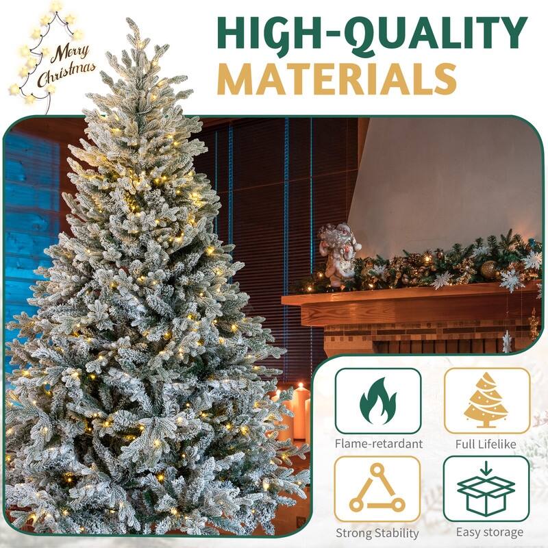 7 FT Pre-lit Snow Flocked Christmas Tree, Artificial Hinged Xmas Pine Tree for Holiday Party Office Home, Snowy Green