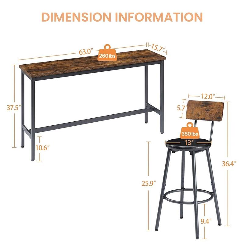 4 PCS Industrial Bar Table Set Long Bar Table with 3 PU Stools
