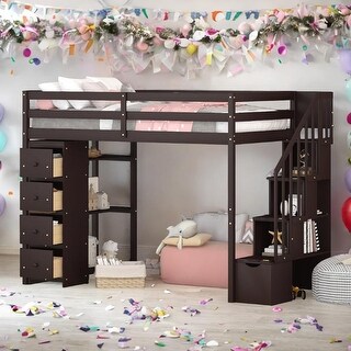 Twin size Loft Bed with Storage Drawers and Stairs,Wooden Loft Bed with Shelves