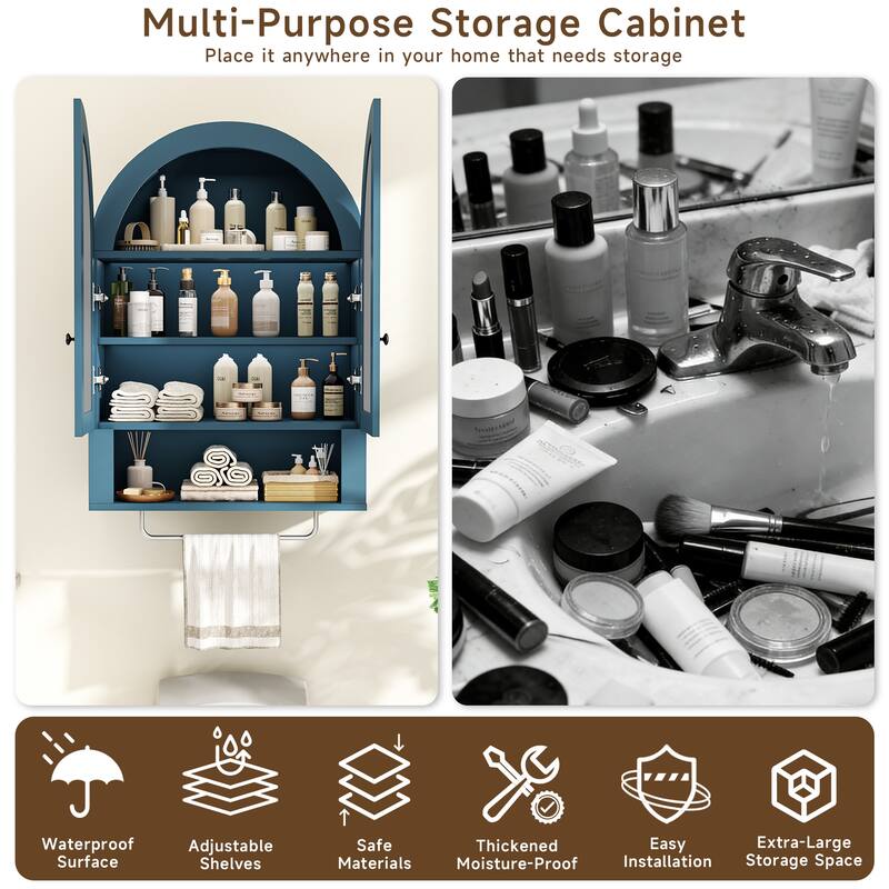 Wall Mounted Arched Cabinet with Mirrored Doors and Adjustable Shelves for Laundry Room, Bathroom, Kitchen