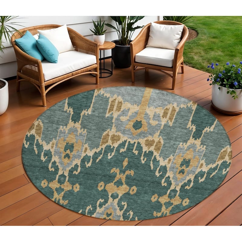 HomeRoots Ikat Transitional Rectangle Outdoor Rug - 8' Round