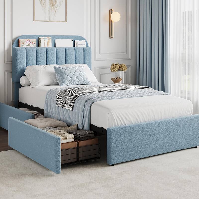 Twin/Full Bed Frame with 2 Flexible Drawers and Bookcase Headboard, Boucle Upholstered Platform Bed for Boys/Girls - Twin - Blue