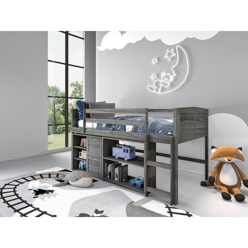 Taylor & Olive Dardanelle Grey Wood Twin Low Loft Bed - Twin Loft - 2 Drawer Chest, Bookcase