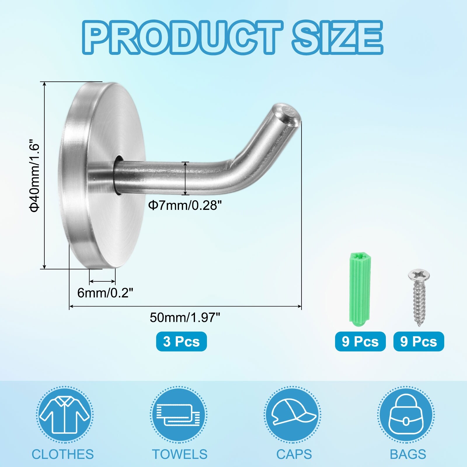 3Pcs Stainless Steel Coat Hooks, 2x0.3" Elephant Nose Hooks, Silver