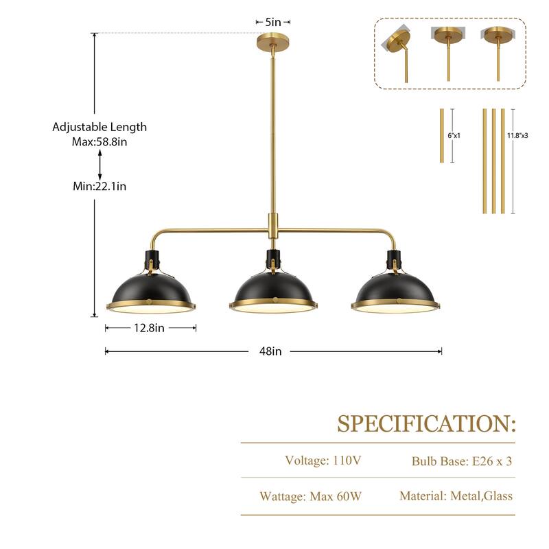 3-Light Farmhouse 3-Light Dome Chandelier Metal Pendant Light - Large Dome Pendant