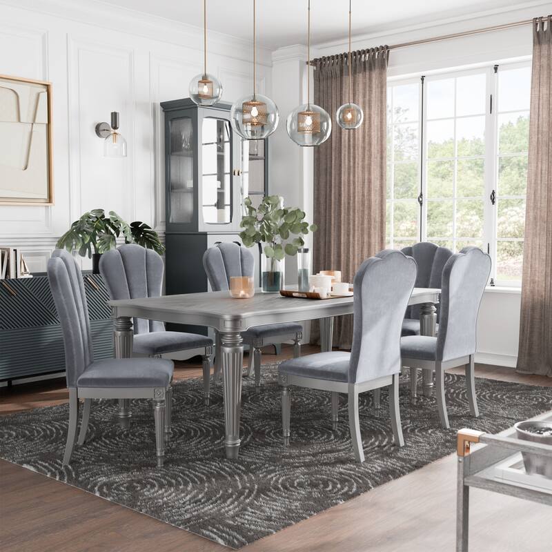 Furniture of America Seabliss Glam 7-Piece Solid Wood Dining Table Set - Silver