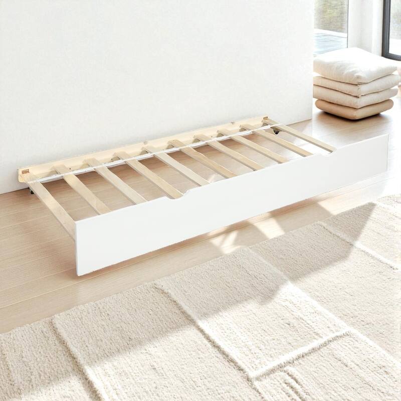 Twin Size Wood Daybed with Trundle, Solid Pine Frame, Guardrails and No Box Spring Required