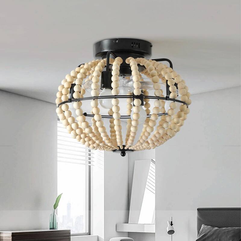 Beaded Wood Chandelier with Oak White Finish