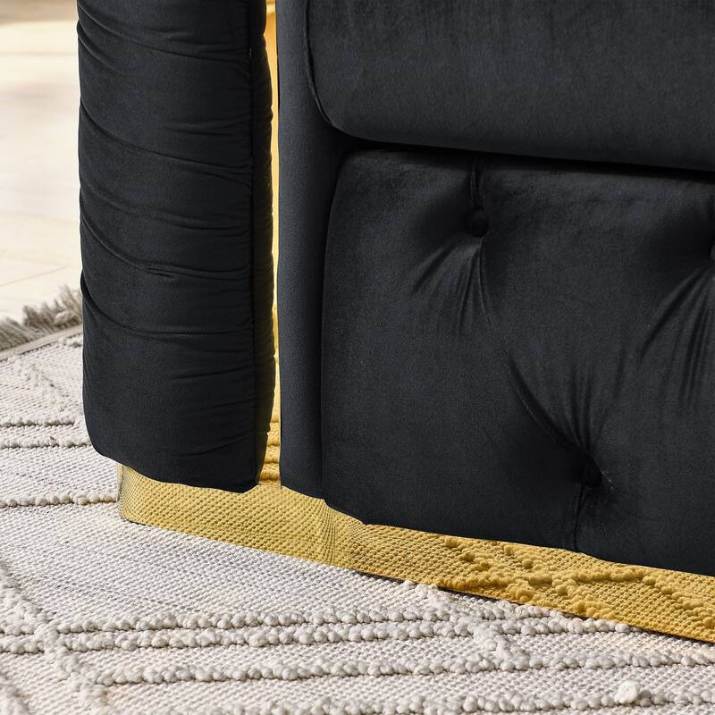 90.6" Velvet 3-Seater Sofa with 2 Pillows High-Density Cushions, Gold Accents, and Pillows